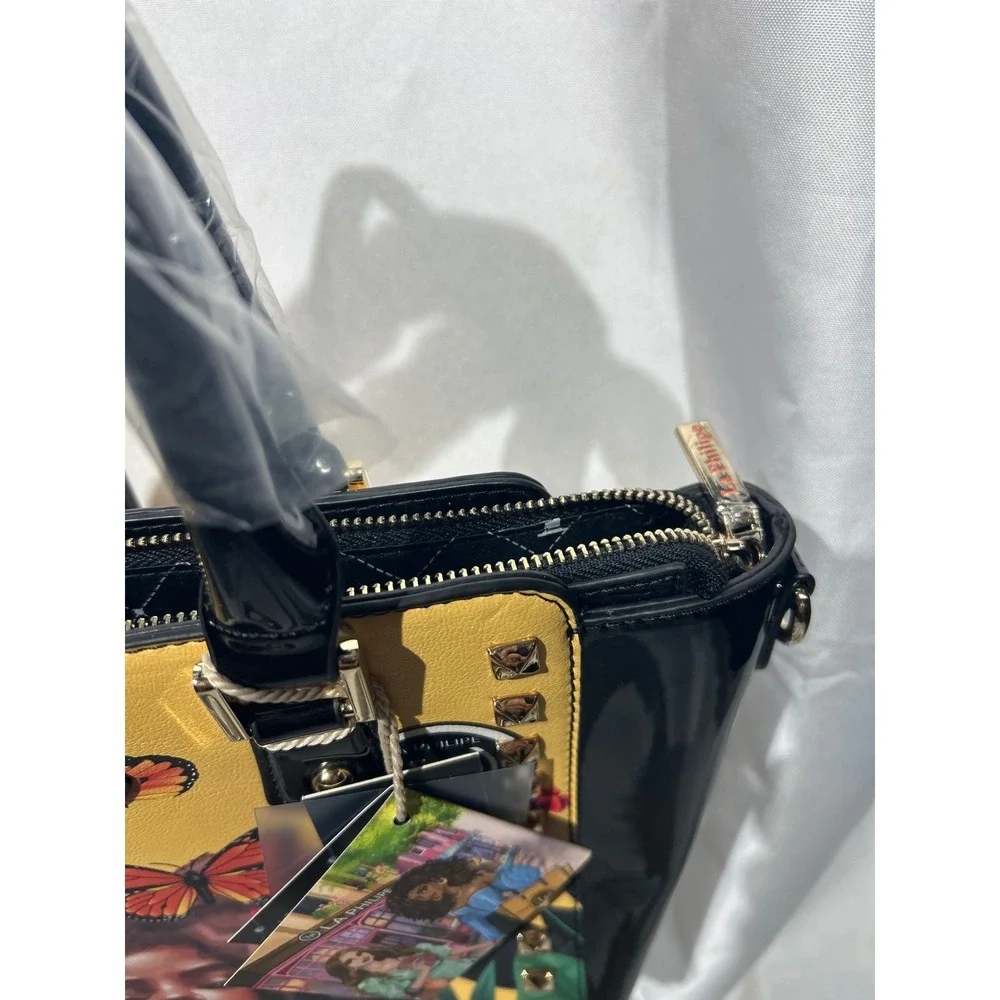 La Philipe Miami Butterfly Graphic Satchel Handbag Yellow Black Studded NWT